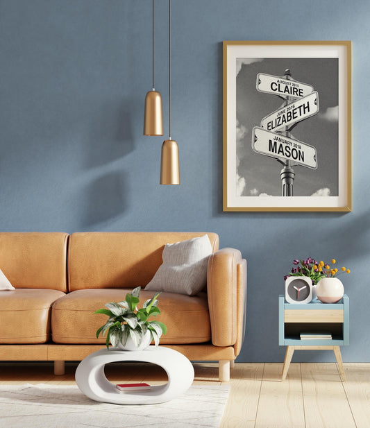Vintage Street Sign with Grandkid's Names/Birthdates (black & white)