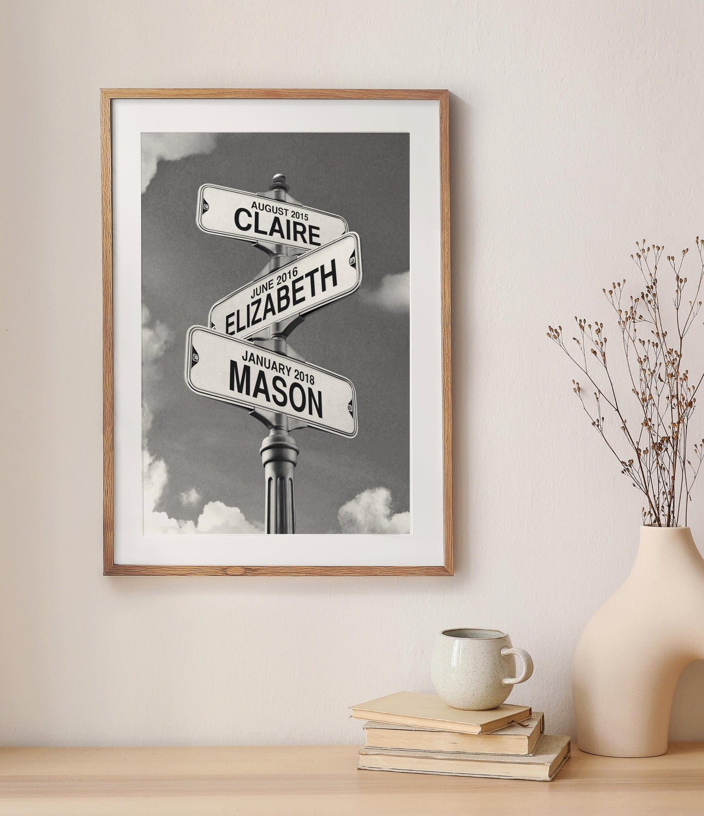 Vintage Street Sign with Kid's Names/Birthdates (black & white)